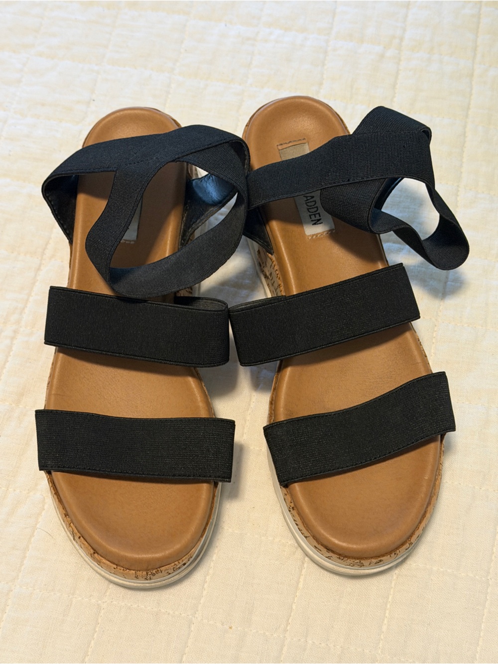 Steve Madden Black Elastic Strap Sandals with Tan Footbed